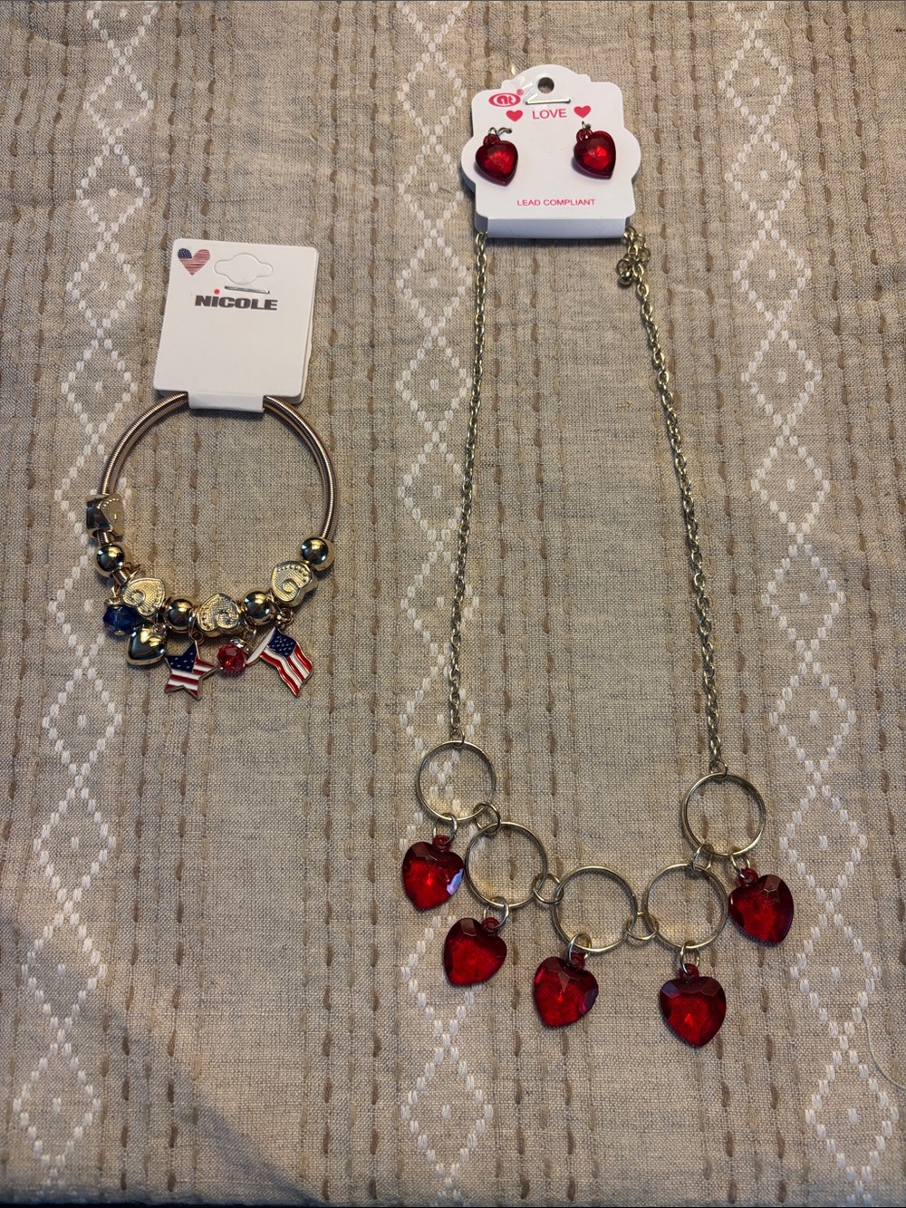 Gold Tone Red Heart Necklace and Earring Set. An American themed charm bracelet